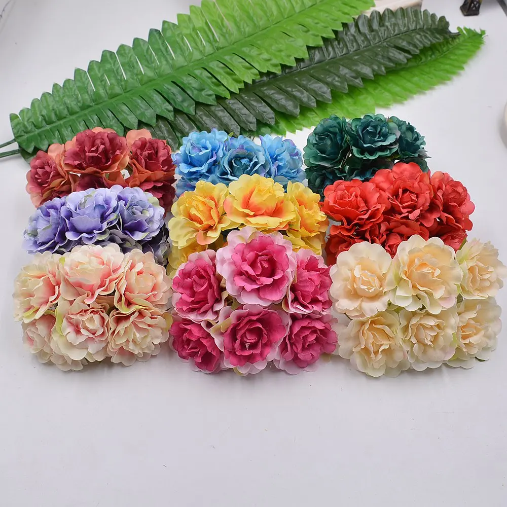 Искусственный цветок 6 шт. 5 см Шелковый ярко-розовый букет роз для свадебного