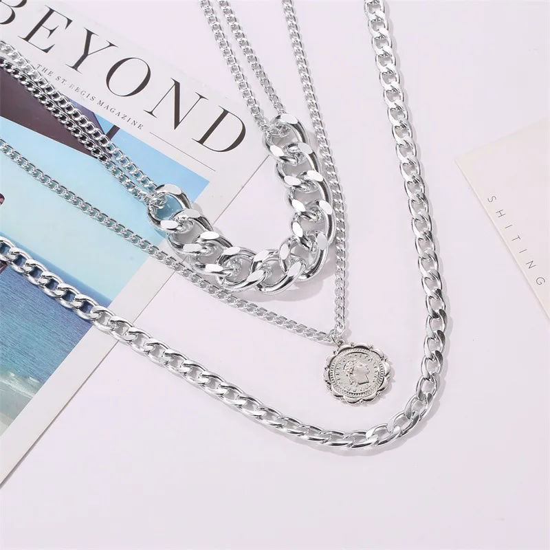 

Hip Hop Punk Fashion Gold Plated Exaggerated Chain Women's Necklace Cold Wind Face Coin Charm Woman Clavicle Chain Jewelry