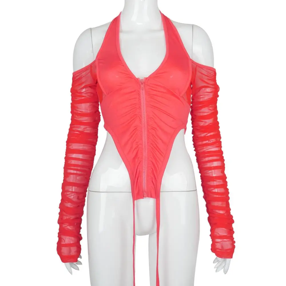 

Plain Color Ruched Patchwork Women Crop Top Mesh Halter See Through Long Sleeve Off Shoulder Zipper Bodycon Sexy Club Streetwear