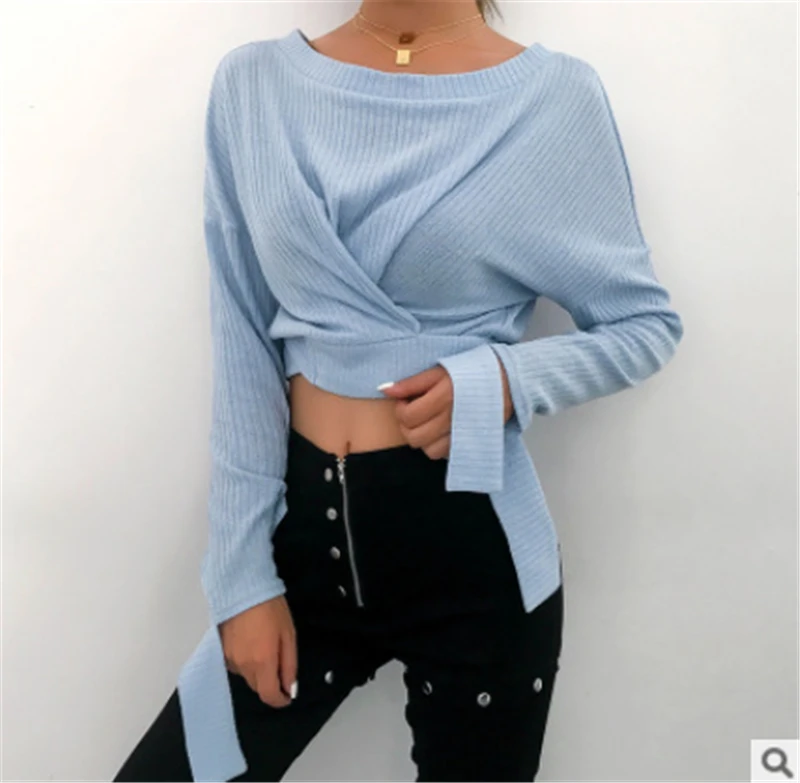 2019 Новый женский длинный рукав Повседневное вязаный свитер Одноцветный синий