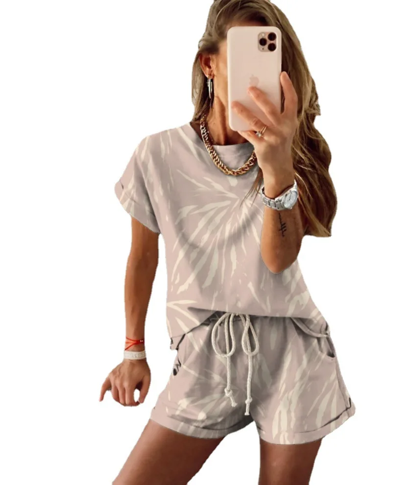 

2021 Ladies Tie Dye Gradient Pajama Short Sleeve Homewear Set 2 Piece Set Women Yoga Set Suit Women