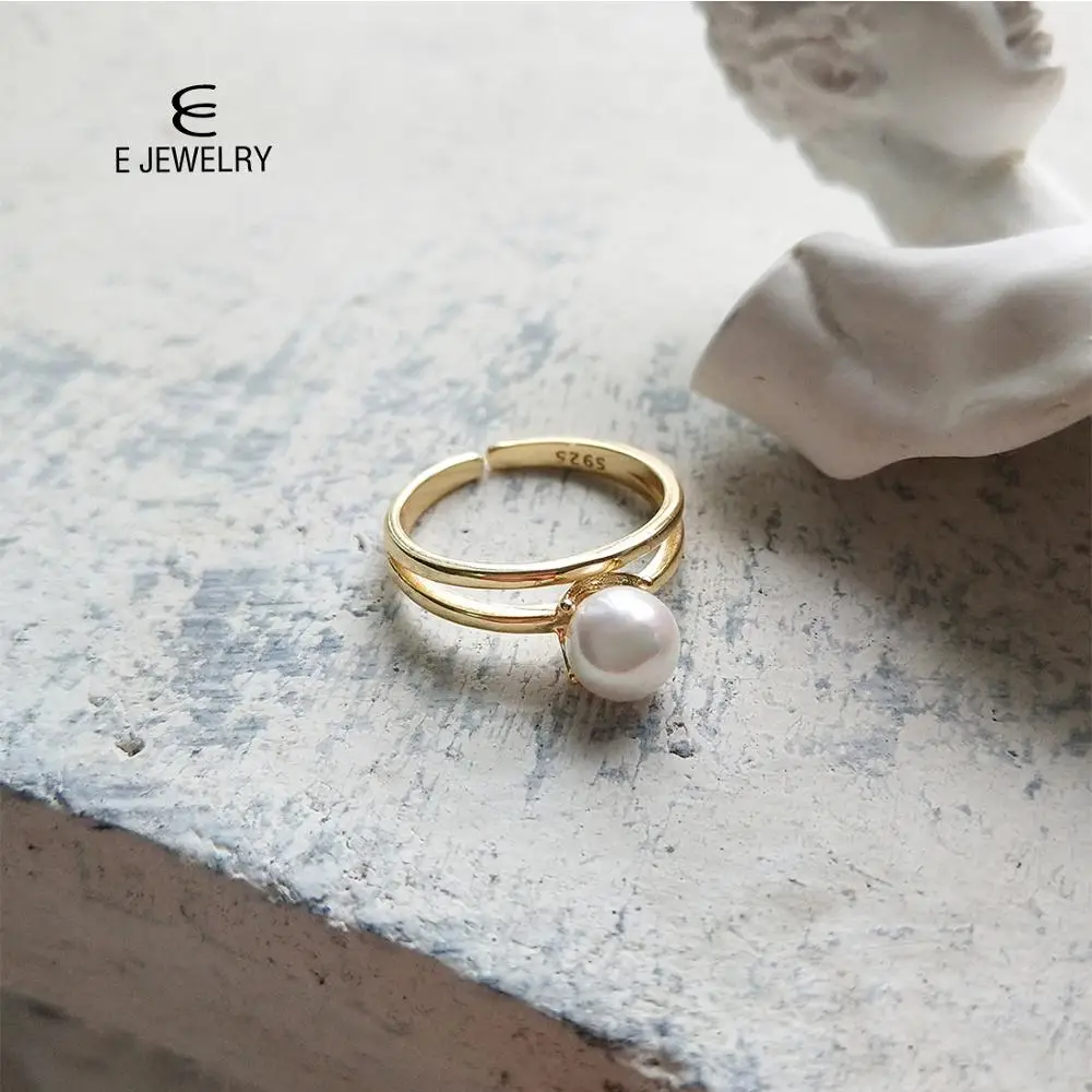 Золотой E Jewelry, 925, серебряное, элегантное, золотое, двойное кольцо для женщин, круглый жемчуг, позолота, для женщин, вечерние, элегантные кольца, ювелирное изделие - Цвет камня: Золотой
