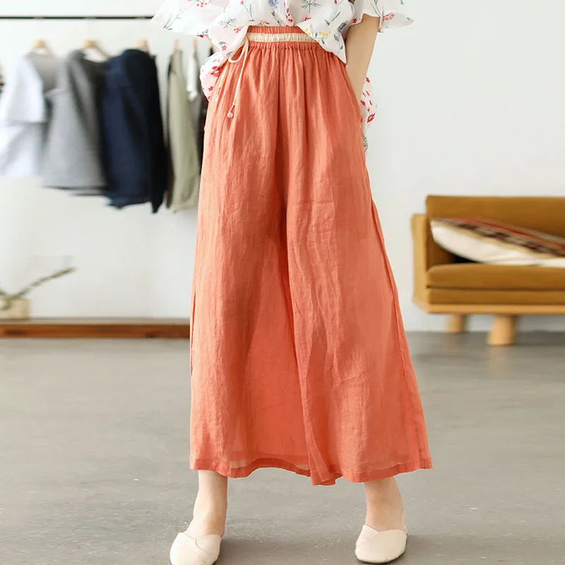 

NINI WONDERLAND летние тонкие винтажные широкие брюки Ramie 2021 женские свободные повседневные брюки с эластичной резинкой на талии женские брюки до ...