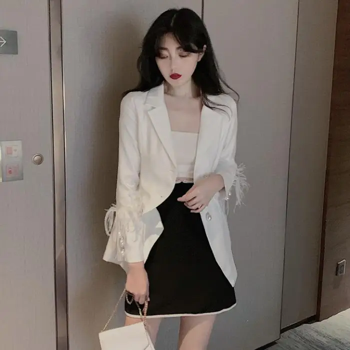 Pearl Button Feather Cuff Blazer Suit Women Outfit Single Breasted Long Sleeve Luxury Coat |