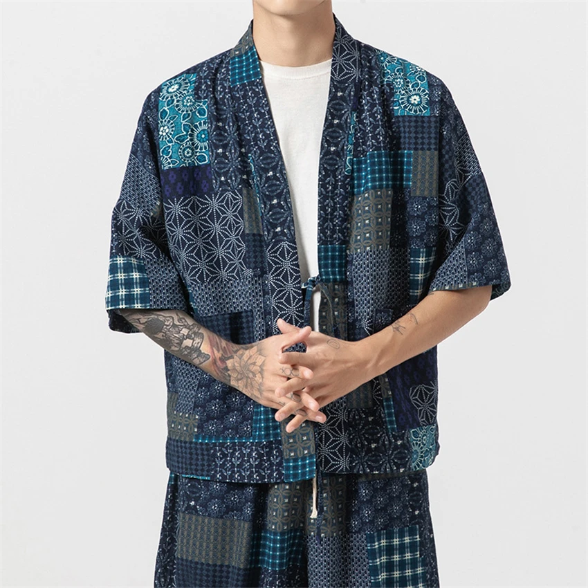 Кимоно мужское из хлопка и льна хаори кардиган в японском стиле Харадзюку