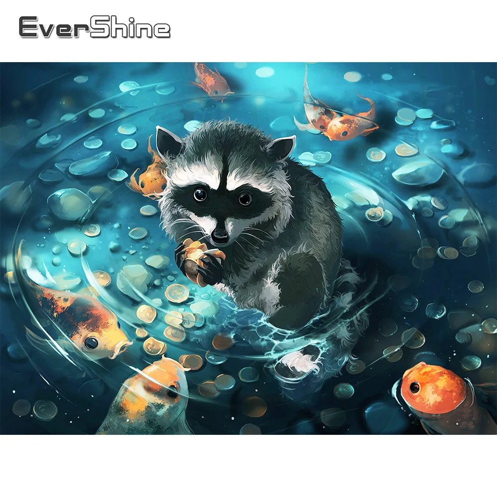

EverShine Алмазная мозаика енот картина Стразы животные 5D Сделай Сам Алмазная Вышивка рыба вышивка крестиком хобби ручной работы