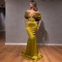 Robe De bal sirène Sexy pour femmes, col en V profond avec perles, épaules dénudées, manches longues, grande taille, 2021  (1)