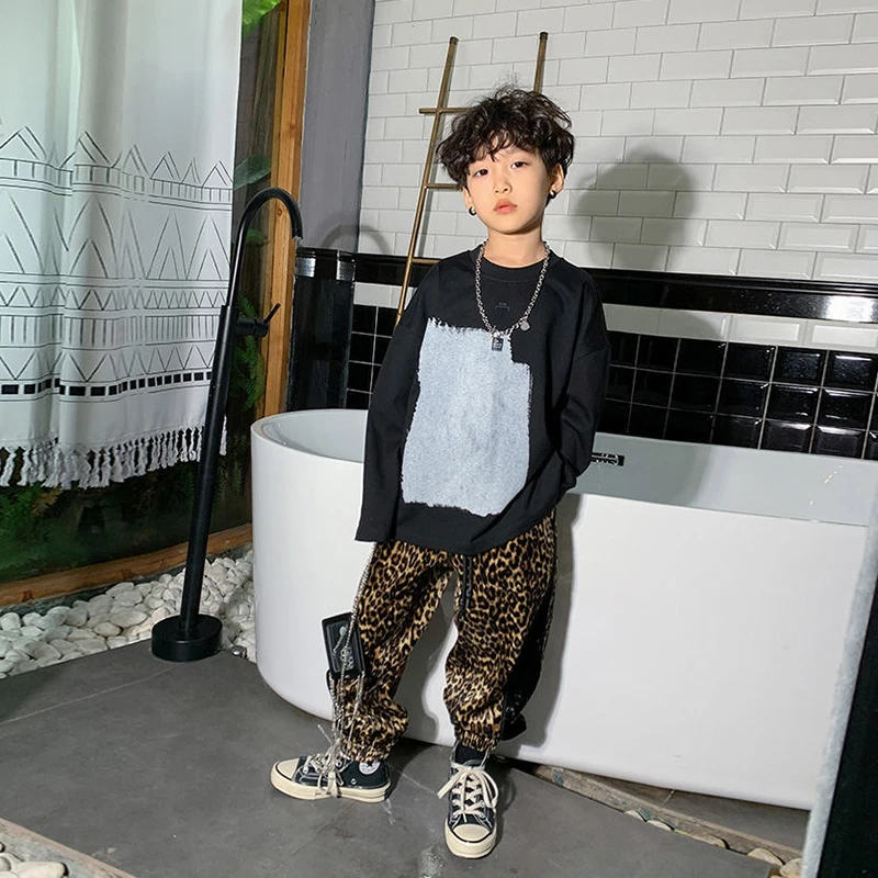 

Baby Boy Clothes Black High Street Print Long Sleeve T Shirt Cool Kids Hip Hop Fashion All-match Children Oversized Punk Top Tee