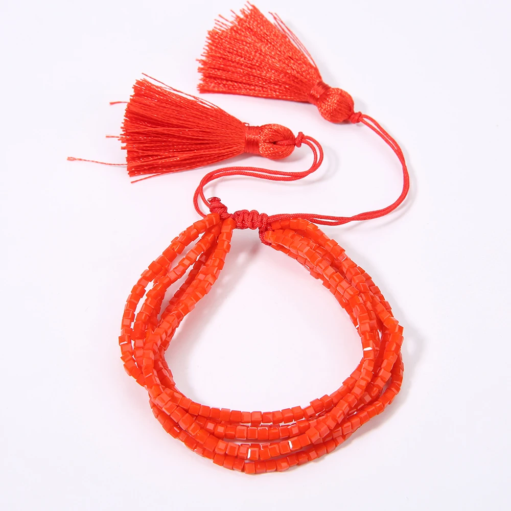 

Rttooas Fashion Women Bracelet Multi-layer Red Crystal Beads Bracelet 2mm Square Tassel Bracelet
