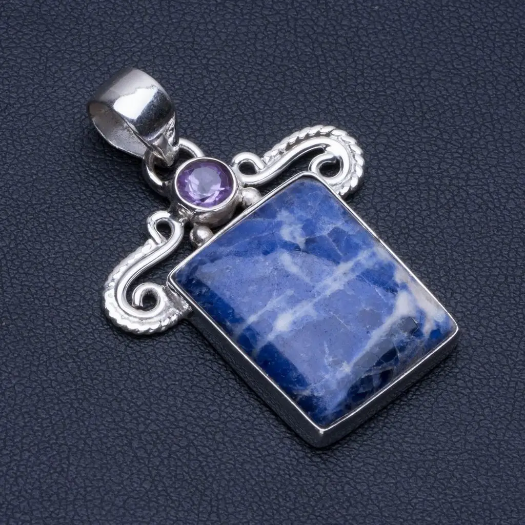 Подвеска серебряная в стиле панк с натуральным темно-синим кальдалитом и