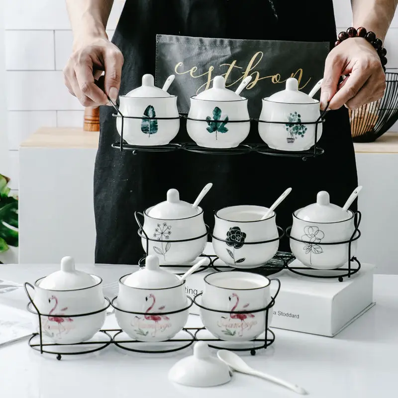 Ceramic Seasoning Jar Three-piece Kitchen Utensils Seasoning Box Household Salt Seasoning Seasoning Tank Combination Set Send