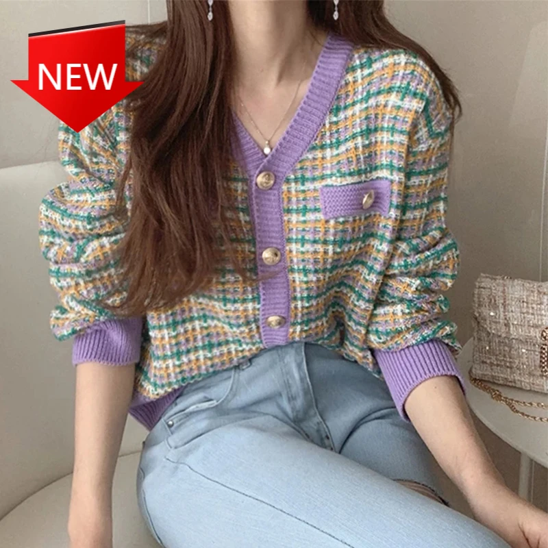 

Minus Age Color Restoring Ancient Ways Grid V-Neck Single-Breasted Loose Long-Sleeved Women Knitting Cardigan South Korea Chic