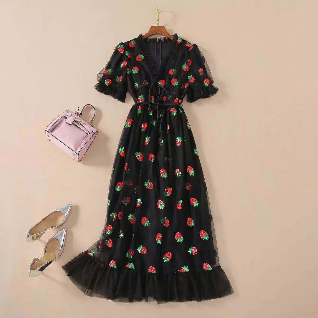 

Spring Summer Women Strawberry Dress Elegant Party V Neck Puff Sleeve Floral Mid Sweet Dress French Style Lace Dress 2021