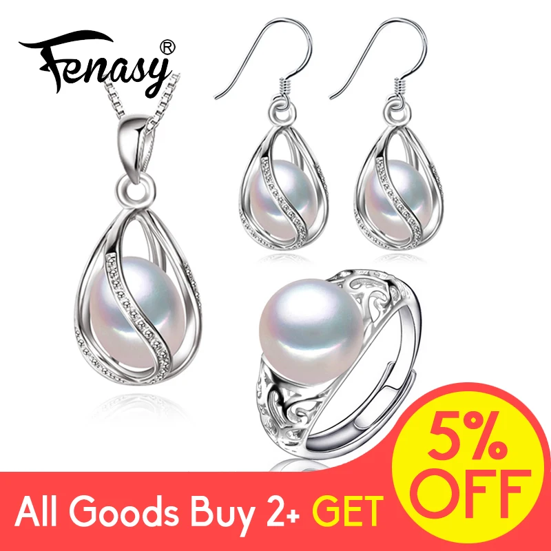 FENASY 925 Sterling Silver Jewelry Sets Natural Pearl Earrings For Women Cage Earrings Pendant Necklaces Vintage Adjustable Ring