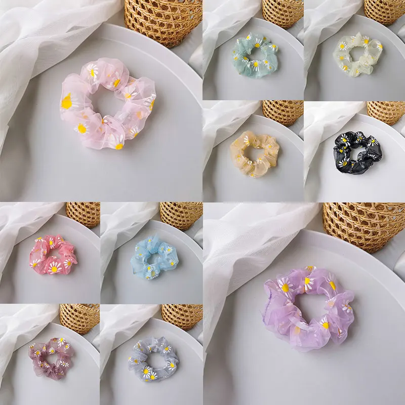 Hair Ring Daisy Elastic Bands Tie Net Accessories Floral Scrunchies Rubber Organza Hairbands Transparent Ponytail Pink |