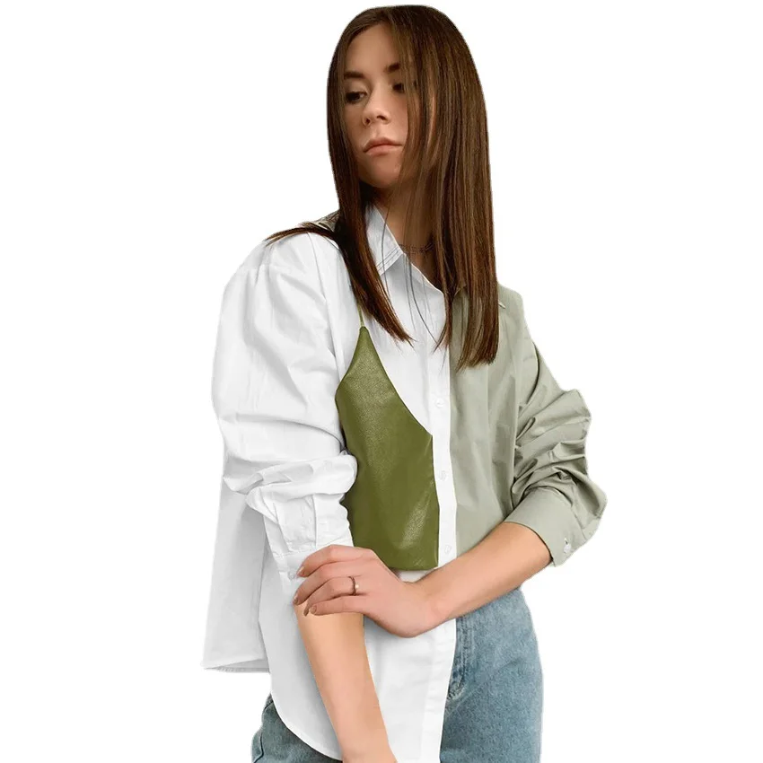 

Spring new color contrast commuter shirt women's design stitching PU leather fake two long sleeve loose shirt