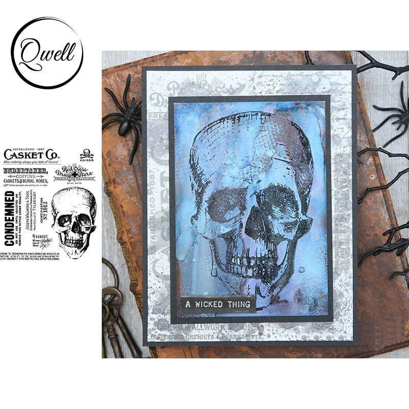 

QWELL Horror Skull Head 6.7*8.2 inch Clear Transparent Stamps Words Letter DIY Scrapbooking Craft Paper Cards Album 2021