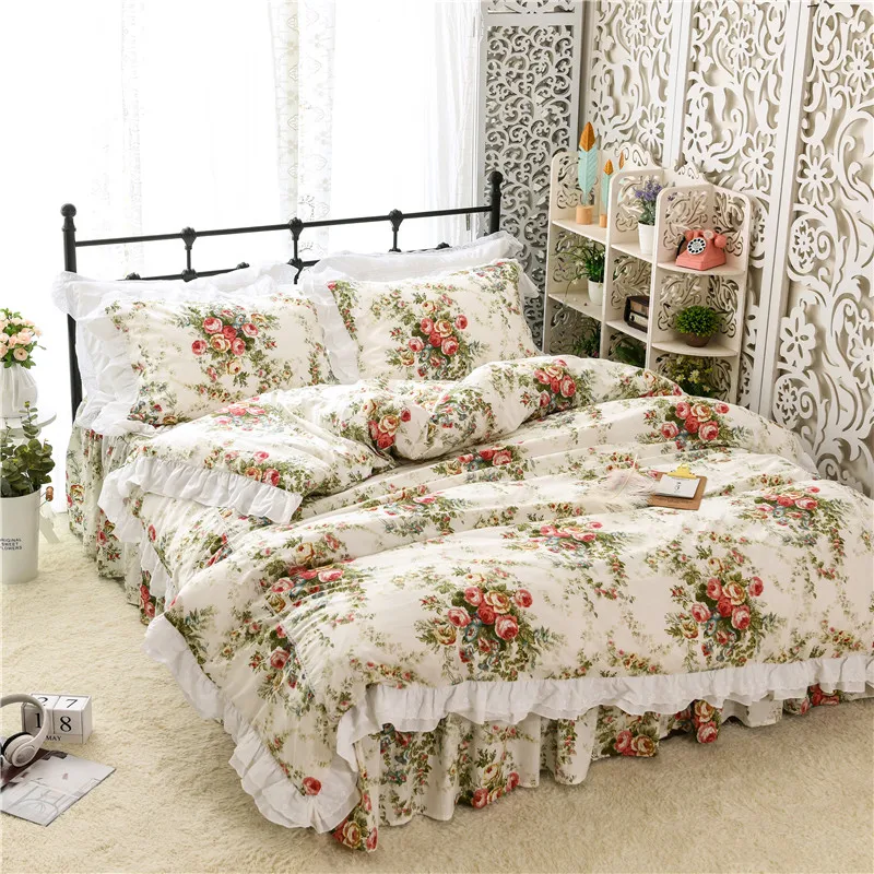 Korean Pastoral Ruffle Princess 3/4 Pcs Bedding Set Flower Print Bed Skirt Duvet Cover Pillow Cases 100% Cotton King Queen Size