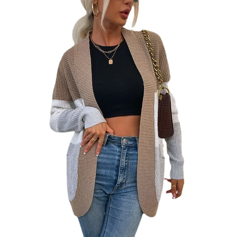 

2021 Autumn and Winter Hot Sale European and American Women's Curved Large Pocket Sweater Contrast Color Sweater Jacket Cardigan
