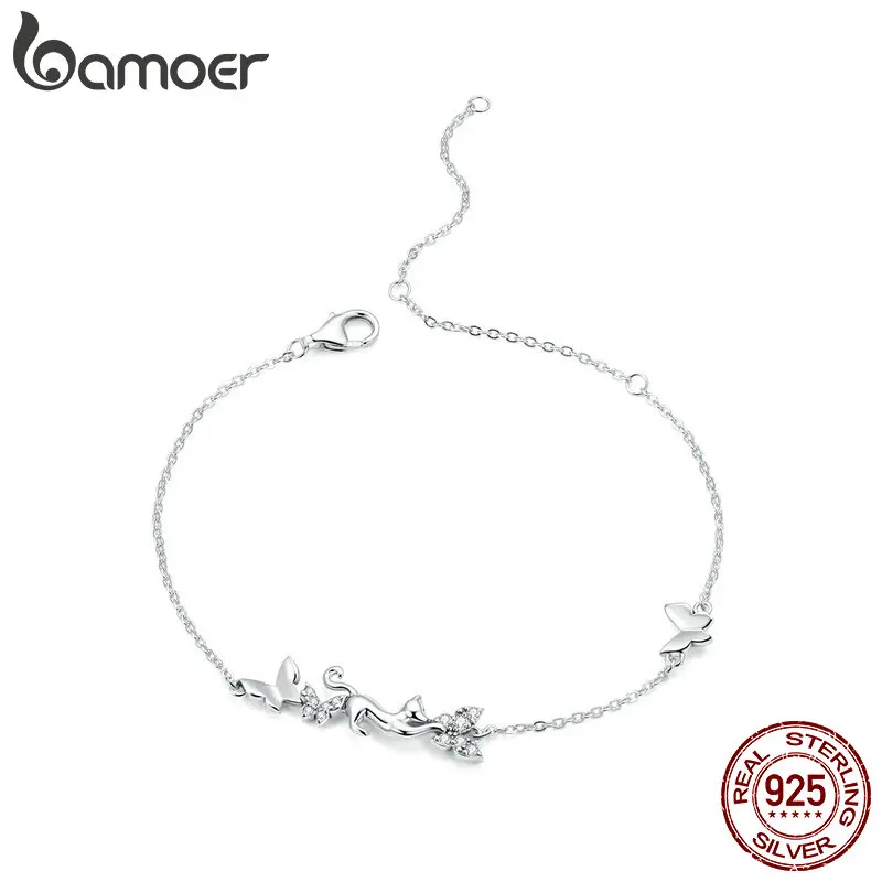 

bamoer Cat & Butterflies Link Chain Bracelet for Women 925 Sterling Silver Bracelets with Charms Anniversary Gifts SCB195