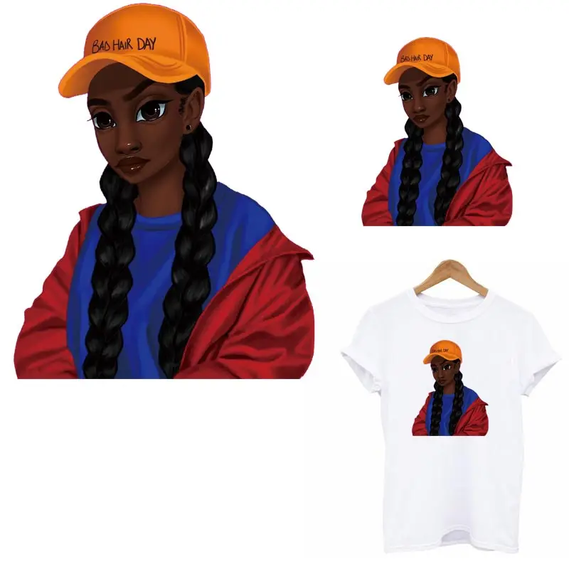 

Beauty African Girl Thermal Sticker Patches On Clothes DIY Print-on T-shirt Hooides Iron On Heat Transfer Fashion Girl Applqiued
