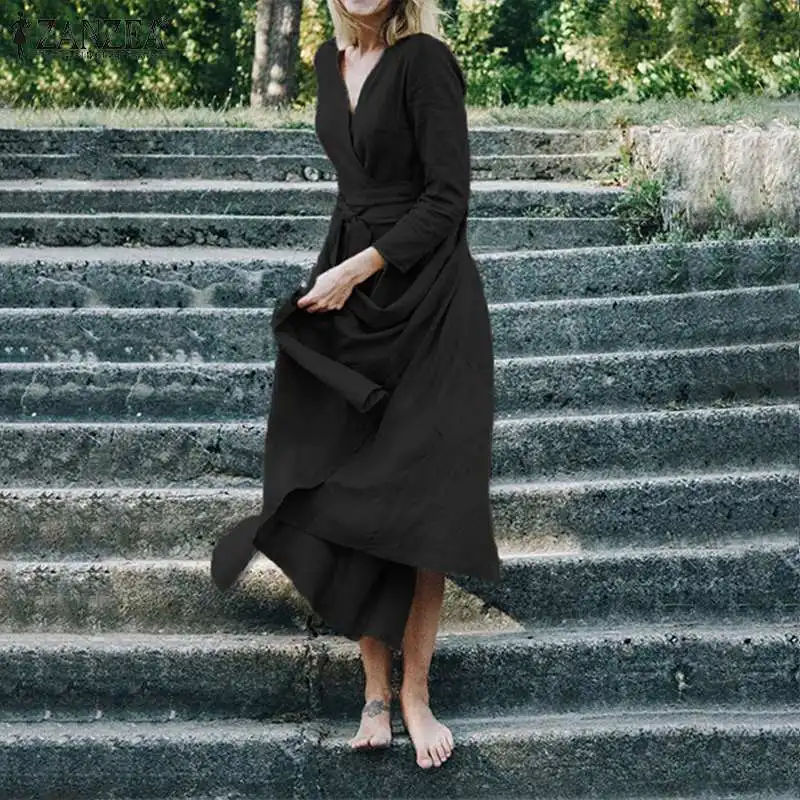 ZANZEA, женское платье, повседневное, на шнуровке, Vestidos, Осеннее, длинный рукав, одноцветное, Vestidos, элегантное, для девушек, с разрезом, вечерние, шикарные платья