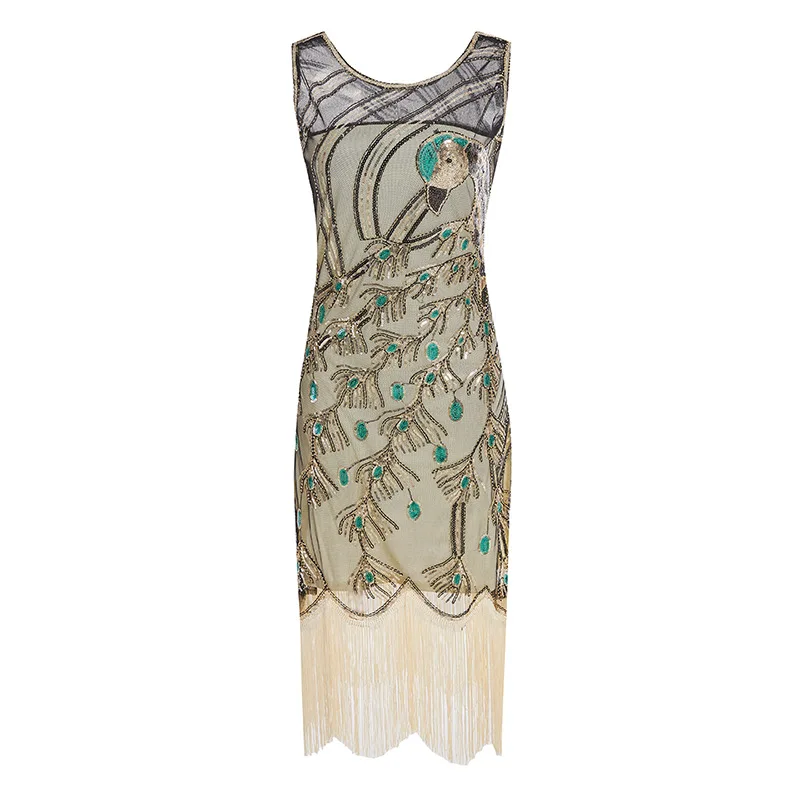 Gold dress 1920s винтажное платье с павлином и блестками, с бахромой, вечерние, Украшенные бусинами, платье Грейт Гэтсби/комплект аксессуаров(S-XXXL - Цвет: Gold dress