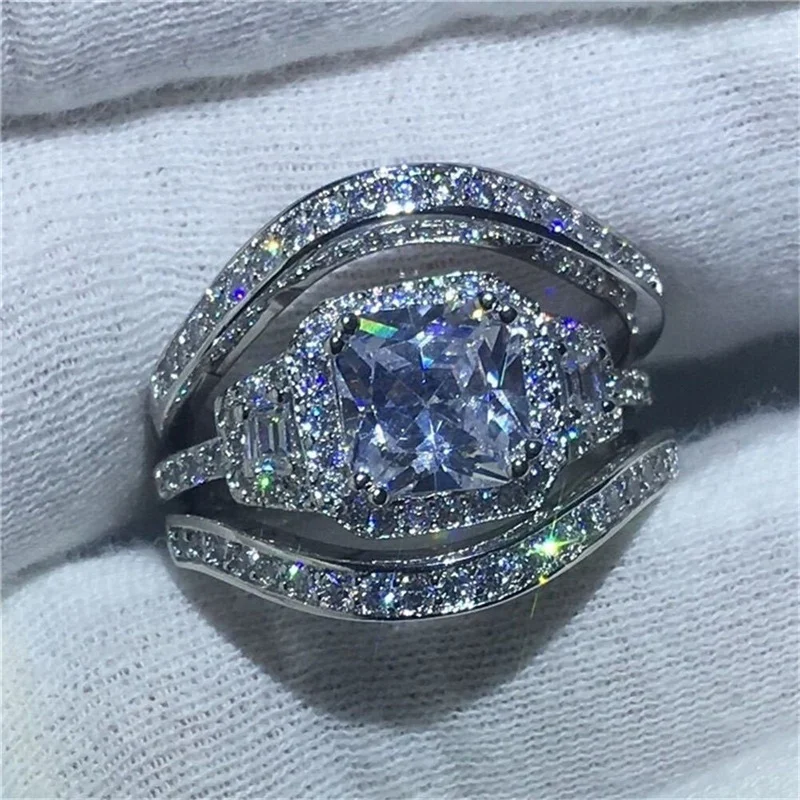 

3 Pcs/Set Hot Sale Cubic Zircon Wedding Engagement Ladies Ring Inlaid Rhinestone Crystal for Women Party Jewelry Size 5-12