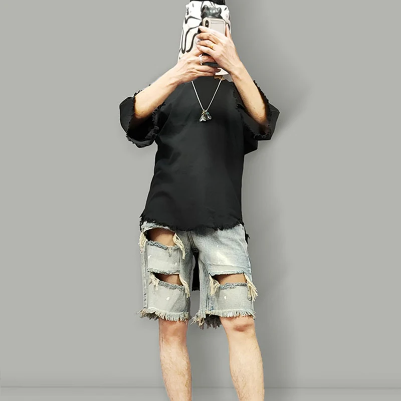 

Ikkb Fashion Original Designer Hemp Tattered Edge Personality Short-sleeved T-shirt Stylist Medium-long Bat Shirt Mens Clothing