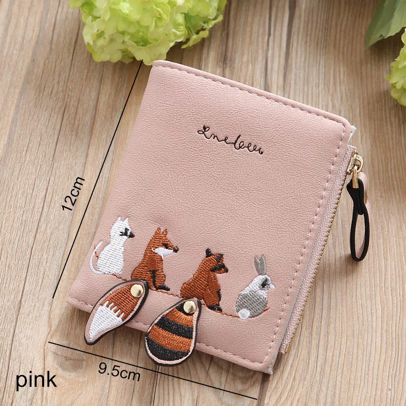 Pink Женский кошелек из искусственной кожи, кошелек на молнии, держатель для карт, маленький кошелек для монет для девочек, подарок, Мультяшные животные, 1 шт., Короткие - Color: Pink