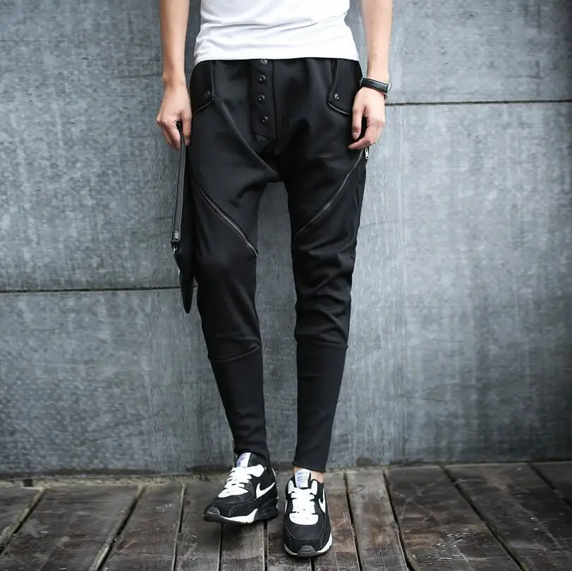

Autumn Spring And New Pocket Zipper Button Casual Harem Pants Hair Stylist Loose Low Crotch Black Large Size Men's Pants/m-2xl