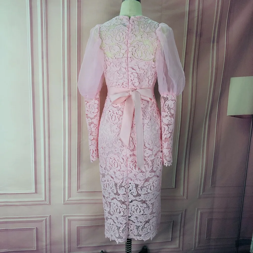 Ladies Pink Lace Dress Long Lantern Sleeves Bodycon Patchwork Tulle Date Dinner Elegant Robes Modest African Dresses for Women