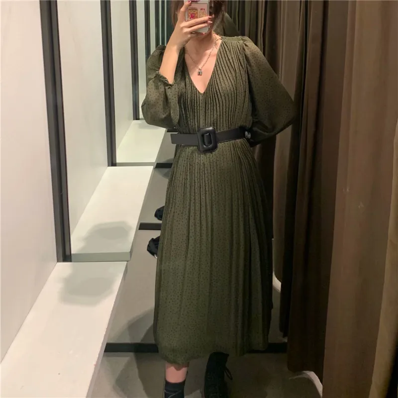 

ZA Women Belted Print Midi Green Dress 2021 Vintage Long Puff Sleeve Pleated Office Lady Dresses Woman Chic Elegant Long Vestido