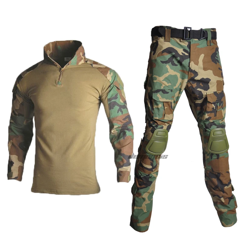 woodland camouflage Армии тактический бой комплект одежды военная уни наколенники Для мужчин охота стрельба тренировочная майка брюки карго костюмы - Цвет: woodland camouflage