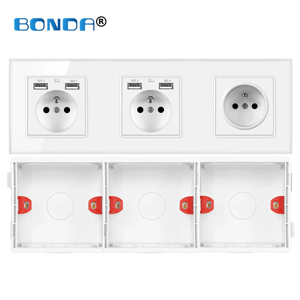 

Electrical Outlet Wall Crystal Glass Panel Power Socket with Usb for Home 16A French Standard 258 * 86mm Kids Safety Protection