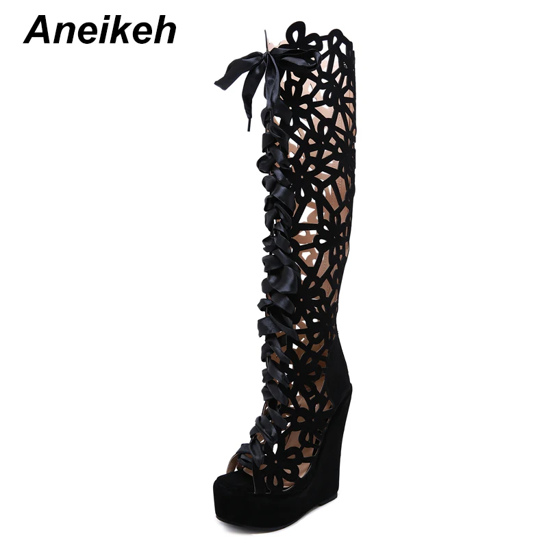 Black Aneikeh/пикантные женские сапоги-гладиаторы с открытым носком обувь на высоком каблуке на молнии флоковые Сапоги выше колена с перекрестной шнуровкой и бантом - Цвет: Black