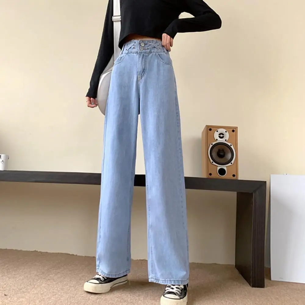 

Women High Waist Pockets Buttons Loose Denim Pants Long Jeans Wide Leg Trousers