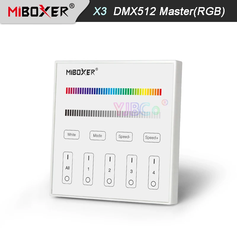 

Miboxer X3 DMX512 Master RGB Touch Panel Controller AC100~240V 4-Zone DMX512 + 2.4G Wireless Tempered Glass Wall Switch Remote