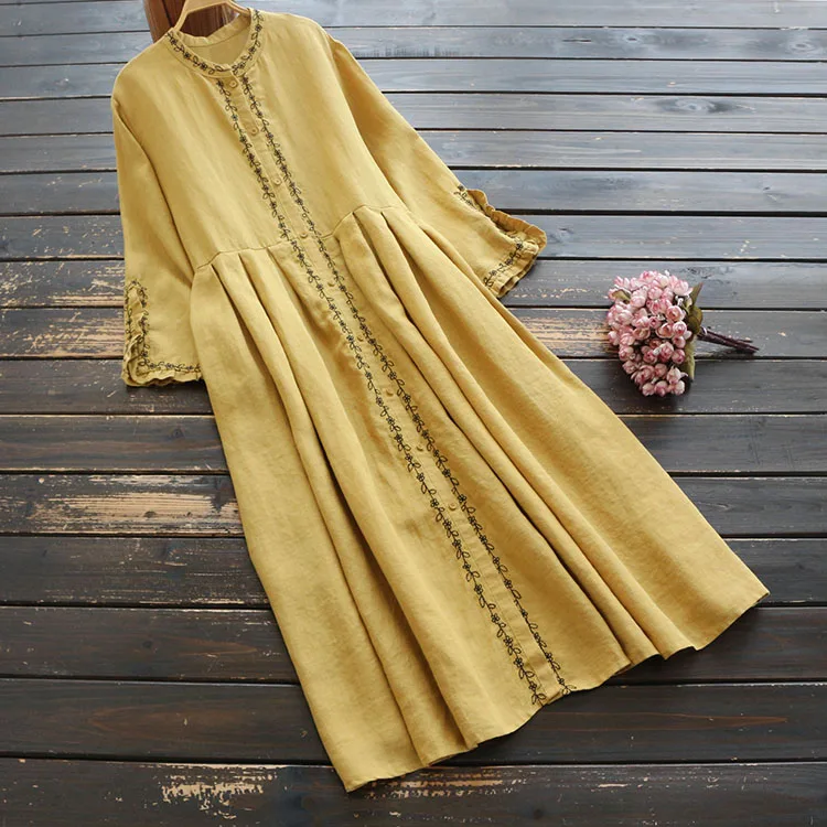 Женское платье из хлопка и льна с вышивкой весна осень 2020 СВОБОДНЫЙ Модный