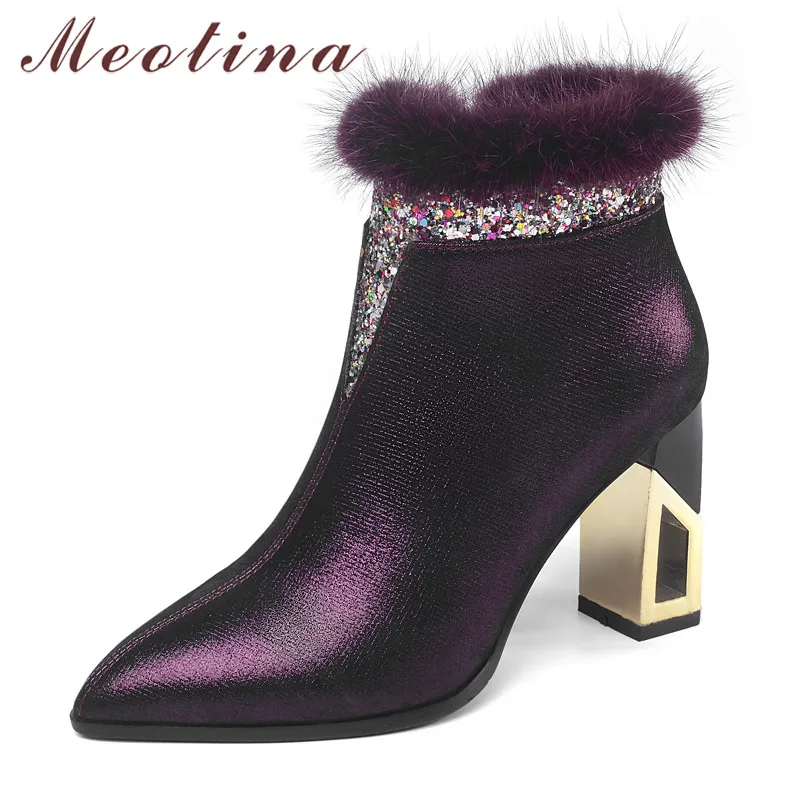 Meotina/Зимние ботильоны женские полусапожки из натуральной кожи на молнии и