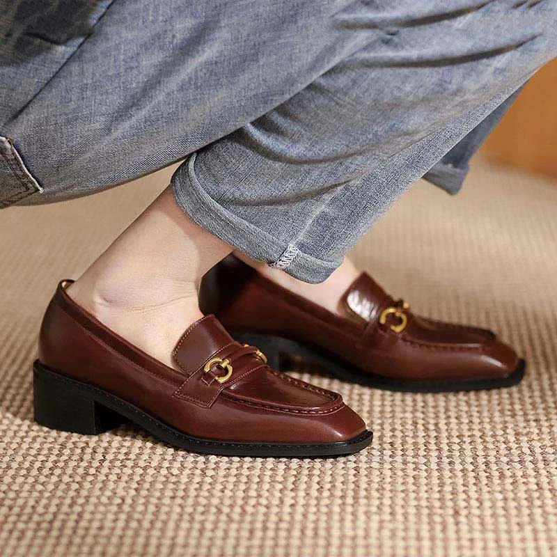 

Royesic Genuine Leather Loafers Women Shoes Mid Heel Square Toe Ladies Casual Shoes Women Penny Shoes Oxford Shoes For Women