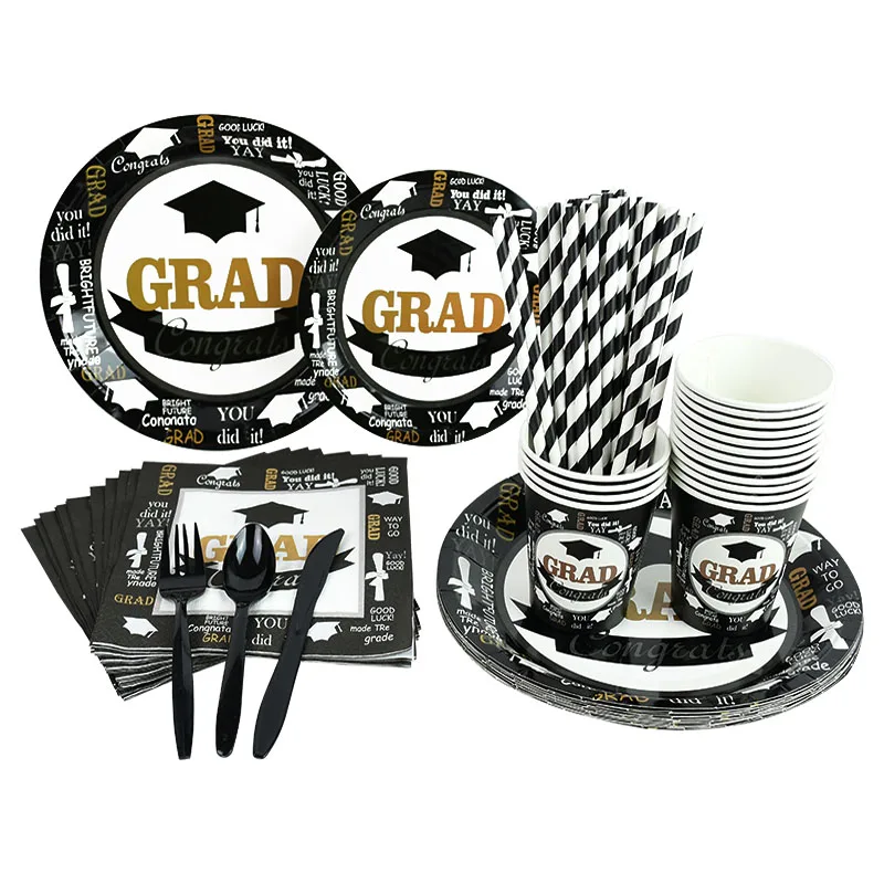 Выпускной вечерние одноразовая посуда черный белый цвет одноразовые тарелки