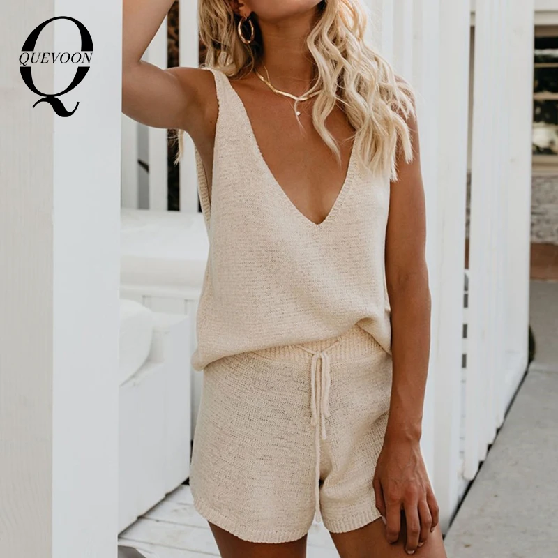 Женский комплект из 2 предметов однотонный топ без рукавов с глубоким v образным