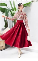 tiyihailey free shipping boshow long mid calf women skirt with belt elastic high waist autumn spring a line vintage big hem red