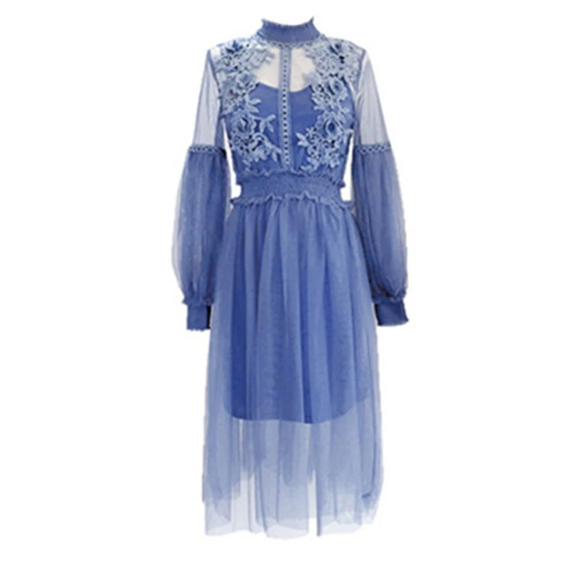 

Stand-Neck Mesh Long Sleeve Dress 2021 De Festa Mulheres Doce Malha Streetwear Mid-Calf Vestido Feminino Rendas Vestidos