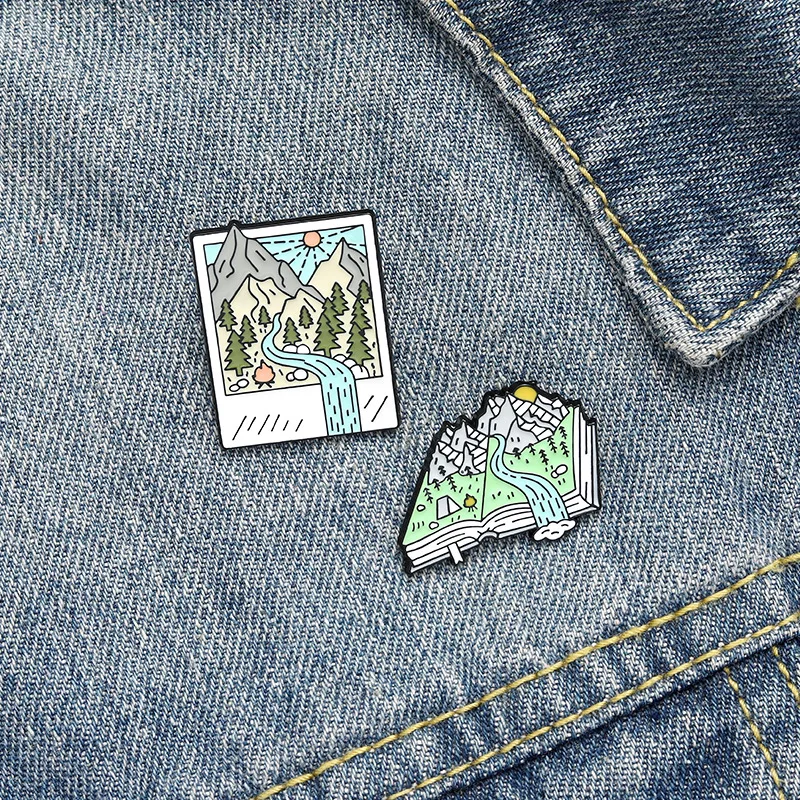 

Mountain Forest Photo Picture Enamel Pins Custom Book Brooches Bag Clothes Lapel Pin Badges Jewelry Gifts for Friends Wholesale