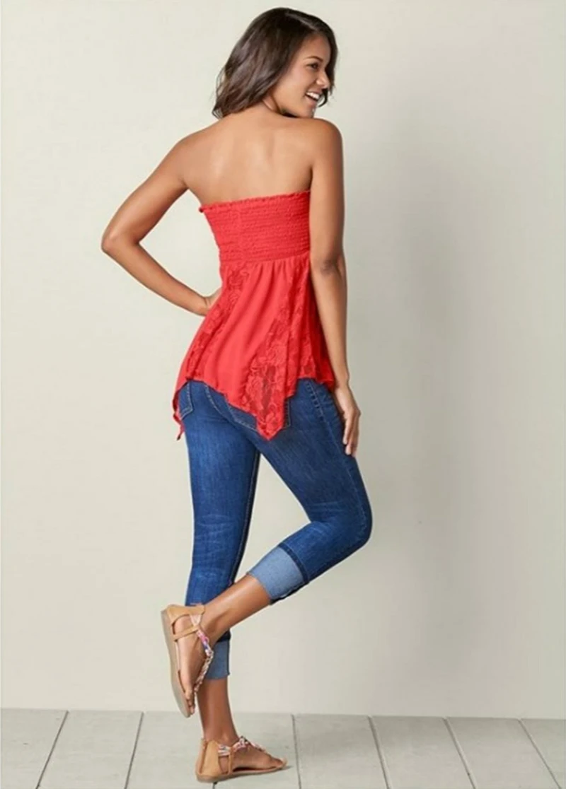 

Sexy Knotted Tube Top Slash Neck Tshirt Women Fashion Lace Stitching Solid Color Summer Top Tee Casual Sleeveless Sexy T Shirt