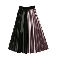 2020 korean velvet mid long skirt womenfall winter pleated elastic high waist casual loose office lady clothes bottoms with belt