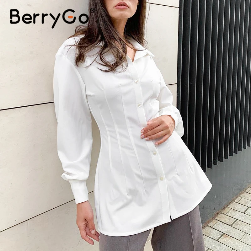 

BerryGo Wrinkle single-breasted slim tunic shirt female Spring long sleeves solid shirt woman Fashion ladies office top 2021