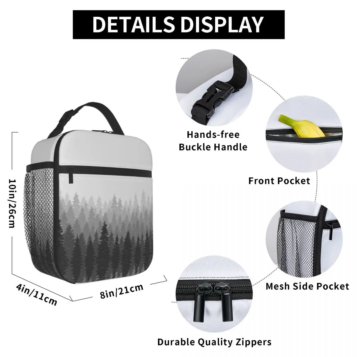 

Forest Monochrome Woods Lunch Bag for Women Men Large Insulated Lunch Box with Water Bottle Holder and Pockets